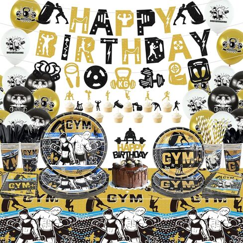 KEFAN Gym Party Decorations, Gym Birthday Party Supplies Packs, Weight Lifting Sports Fitness Party Supplies including HAPPY BIRTHDAY Banner, Plates, Balloons, Gym Party Set Serves 20 (Banner) in Saudi Arabia