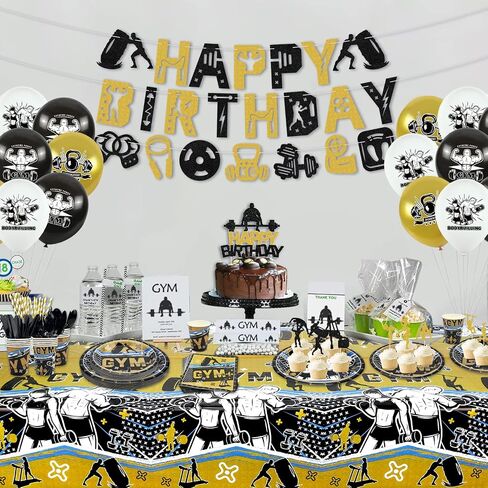KEFAN Gym Party Decorations, Gym Birthday Party Supplies Packs, Weight Lifting Sports Fitness Party Supplies including HAPPY BIRTHDAY Banner, Plates, Balloons, Gym Party Set Serves 20 (Banner) in Saudi Arabia