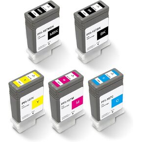PFI-107 PFI107 Ink Cartridge Replacement Set for Canon PFI 107 PFI-107MBK PFI-107BK PFI-107C PFI-107M PFI-107Y Ink Tank Set for iPF780 iPF785 iPF770 iPF685 iPF680 iPF670 Printer (5-Pack, MBK BK C M Y)
