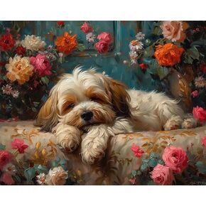 Qaceyid DIY Paint بأرقام للمبتدئين للبالغين ، Shih Tzu استرخاء ، الطلاء بواسطة أرقام مجموعة الكلاب من خلال أرقام للبالغين ، 16 × 20 "