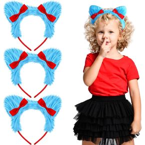 Giegxin 3 Pieces Blue Fuzzy Headband with Red Bow Halloween Costume Headbands for Women Hair Blue Costume Accessories Set Cute Winter Headdress for Adult Kids Cosplay Party