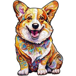 Jigfoxy Wooden Puzzles for Adults, Clever Corgi Dog Wood Puzzles Adult, Unique Animal Shape Wooden Jigsaw Puzzles for Adults, Birthday Gifts for Puzzle Lovers, Family, Friend (M-11.4 * 7.5in-160pcs)