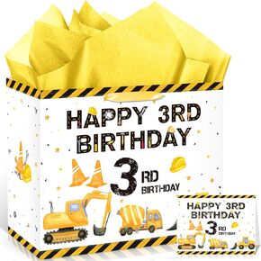 Construction 3rd Birthday Gift Bag White Gold Dump Truck Vehicle Third Birthday Wrapping Bag with Tissue Paper Card for Boys Excavator Crane Digger 3 Years Old Anniversary Party Favors
