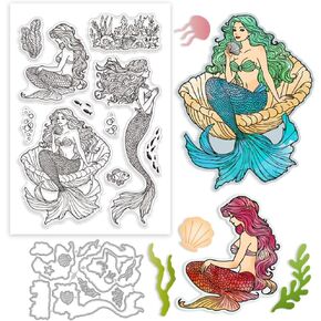 GLOBLELAND Mermaid Clear Stamp and Cutting Dies Set for Card Making Summer Ocean Fish Silicone Clear Stamp Metal Corals Shells Die Cuts for DIY Scrapbooking Photo Album
