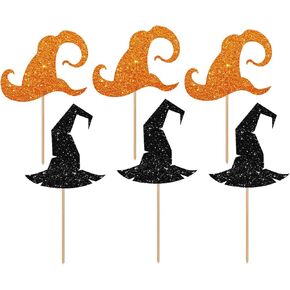 24 PCS Magic HAT Cupcake Toppers ، Magic School موضوع Party Cupcake اختيارات ، أسود وبرتقالي يوتش قبعة القبعة.