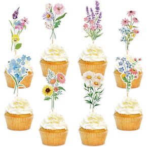 24pcs زخارف وايلد فلاور كب كيك أعلى الأقطار البرية زخارف حفلة عيد ميلاد الفتاة اختيارات عيد ميلاد زخارف كعكة للاستحمام الطفل لوازم حفلات الذكرى السنوية