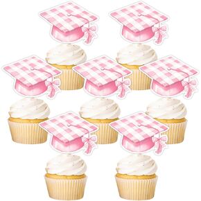 36pcs 2025 Capcake Cupcake Topcake Pink Grid Hat Cupcake يختار مع شرابات القوس الوردي منقوشة من زخارف كب كيك خريجي لفئة 2025 لوازم الحفلات العليا