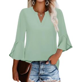 Gaharu Women's Work Blouses Ruffle 3/4 Sleeve Dressy Top V Neck Casual Chiffon Tunic Blouses Business Shirts