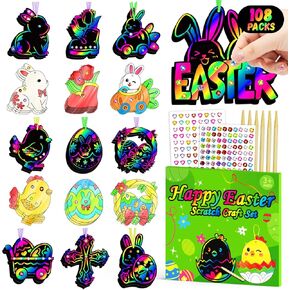 Leesgel Kids Easter Scratch Art Paper, 108Pcs Easter Bunny Eggs DIY Ornament Craft Kits Basket Stuffers, Scratch Off Cards Decorations Supplies Spring Activities Birthday Party Favors