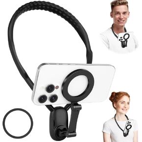 Keweis Magnetic Neck Phone Holder Cell Phone Mount, Hand Free POV/Vlog Flexible Phone Neck Holder Around Chest Stand Video Recording Fit for iPhone 15 14 13 12 Pro Max Plus Mini (Grey)