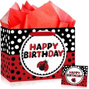 Ladybug Birthday Gift Bag Large Ladybug Birthday Party Favor Bags with Tissue Paper and Greeting Card Red Black Polka Dots Wrapping Paper Candy Goodie Bag for Birthday Baby Shower Christmas Supplies