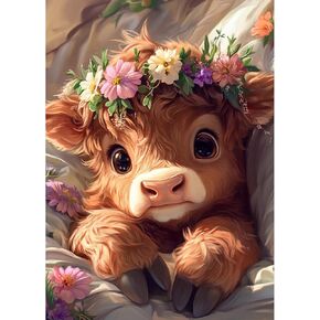 Heibago Highland Cow Diamond Art Kits للبالغين ، 5D الحفر الكاملة جولة الطلاء الأزهار الأحجار الكريمة مع اللوحة الماس المرتفعات المرتفعات ، ونقاط الماس للحيوانات مثالية لديكور الجدار المنزلي 12x16inch