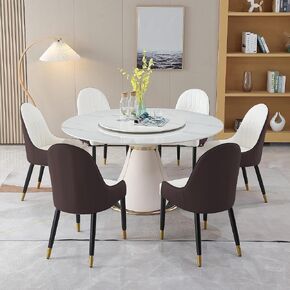 KEIKI Dining Table Set for 8, 59" Round Dining Set with 31.5" Round Turntable, 8 Cushioned Chairs, Round Table and Chair Set for Kitchen and Living Room, White+Brown