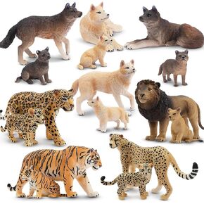 Toymany 16PCS Realistic Jungle Animals Figures Set, Plastic Lion, Tiger, Cheetah, Leopard, Wolf Figurines with Cubs, Cake Toppers Birthday Christmas Toy Gift for Kids Toddlers