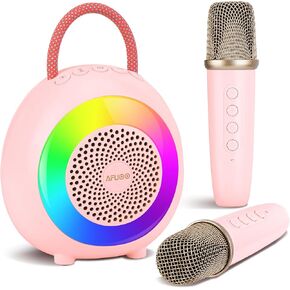 مجموعة Bluetooth Karaoke مجموعة ل 3+ أطفال والكبار ، أضواء RGB الديناميكية ، الصوتية الصوتية ، متحدثة كاريوكي محمولة مصغرة مع 2 ميكروفونات لاسلكية للحفلات المنزل ، الكاريوكي ، الغناء ، المرح ، الهدية ، الوردي