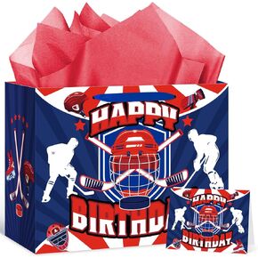 Hockey Birthday Gift Bag for Boys Girls Kids Teens Large Hockey Party Favor Gift Bag with Hockey Birthday Wrapping Paper Card for Sport Themed Hockey Bday Decorations Party Supplies in Kuwait