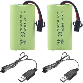 2PCS 3.7V 1600mAh Li-ion Battery with SM-2P Plug and USB Charging Cable Suitable for 9962 8837 RC Toy Car Engineering Vehicle Truck Spare Batteries