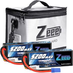 Zeee 2S Lipo Battery 5200mAh 7.4V 50C Hard Case Battery EC5 Connector 2 Pack Batteries with 1 Pcs Lipo Safe Bag Fireproof Explosionproof Bag for Storage Charging