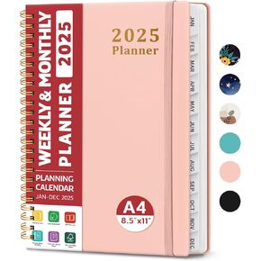 2025 Planner - مخطط أسبوعي وشهريًا ولزجة ، يناير 2025 - ديسمبر 2025 ، كتاب مخطط تقويم Hardcover 2025 مع علامات التبويب ، الجيب الداخلي ، مثالي للوازم المدرسي المنزلي - A4 (8.5 "× 11") ، بينك