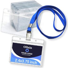Ollain Lanyards with ID Badge Holder 50 Pack Clear Waterproof Plastic Horizontal Name Tags Badge ID Card Holders and 50 Pcs Flat Neck Lanyards with Bulldog Clip (Red, Horizontal)