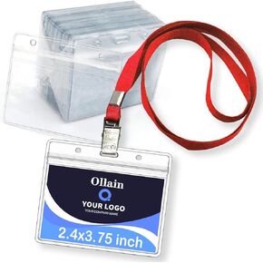Ollain Lanyards with ID Badge Holder 50 Pack Clear Waterproof Plastic Horizontal Name Tags Badge ID Card Holders and 50 Pcs Flat Neck Lanyards with Bulldog Clip (Red, Horizontal) in Kuwait