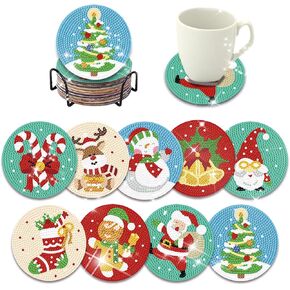 Beinkmake 9pcs Christmas 5D Diamond Painted Coasters مع Holder DIY Diamond Arts and Crafts Kits Diamond Dots Kits for Beginners