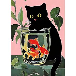 CEOVR Black Cat Diamond Painting Kits, Cat Fishing for Goldfish Diamond Art Dots for Adults Beginners, 5D Full Drill DIY Gem Art, Adult Crafts Kits Arts and Crafts, Wall Decor for Home Office 12x16in