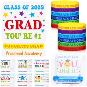 Ecally 36 Sets Preschool Graduation Gifts Include 36 Pcs Graduation Silicone Bracelets 36 Pcs Cards 36 Pcs OPP Bags Congrats Party Favors for 2025 Kindergarten Congrats Party Decorations