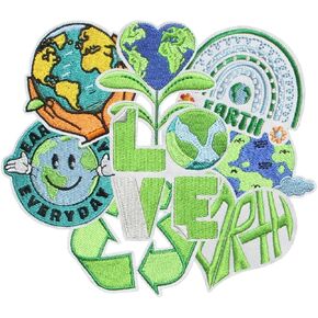 8PCS Green Love Earth Iron on Patches, Cartoon Save Earth Slogan Embroidered Repair Patches for Clothes, Custom Applique for Hats, Jeans, Jackets, Bags, Backpacks, Dress, Shoes