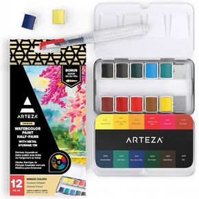 ARTEZA Watercolor Paint, Set of 12 Assorted Vibrant Colors in Half Pans, Tin Box with Water Brush Pen for Artists, and Beginners