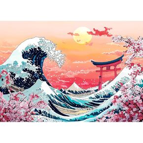 Lxmsja Cherry Blossom Diamond Art Kits for Adults, Great Wave DIY Full Drill Diamond Painting Kits for Beginners, 5D Gem Art Crafts for Adults, Home Wall Decor 16x12 inch