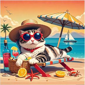 مجموعات الطلاء Pffngpen Diamond للبالغين ، 5D DIY Beach Diamond Art Kits للمبتدئين ، فنية الماس الدائرية الكاملة لديكور الجدران المنزلية ، القط ، 12x12 بوصة