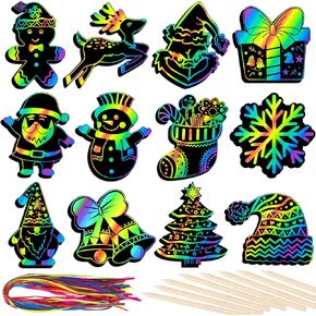 48 Pcs Rainbow Scratch Art for Kids, Christmas Scratch Paper Art with Wooden Sticks, Ornaments for Kids Party Favors