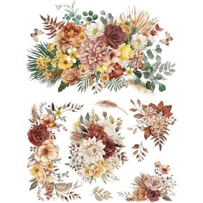 Joeyan Boho Flower Bouquets Rub On Transfers for Furniture and Crafts, 2 Large Flower Design Sheets 12''x18'', DIY Home Decal on Wood Glass Metal Canvas Porcelain Paper Plastic, Champagne Season