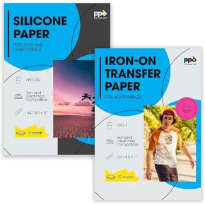 PPD Inkjet Bundle Iron-On Light Color T Shirt Transfers Paper LTR 8.5x11" pack of 20 Sheets + PPD Silicon Papers for T Shirt Transfer Iron or Heat Press - 10 Sheets