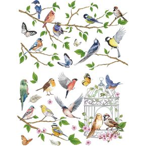 Joeyan Birds on The Branches Rub On Transfers for Furniture and Crafts, 2 Large Watercolor Design Sheets 12''x18'', DIY Home Decal on Wood Glass Metal Canvas Porcelain Paper Plastic
