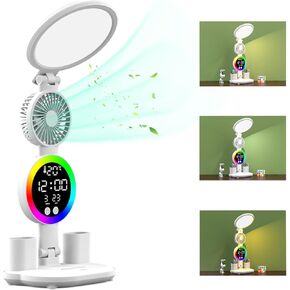 مصباح مكتب LED مع مروحة ، ضوء ملون قابل للذوبان ، منفذ شحن USB ، تصميم قابل للطي قابل للتعديل ، الساعة ، التاريخ ، صندوق القلم ، شاشة درجة الحرارة - للمسكن الكلي ، مكتب المنزل