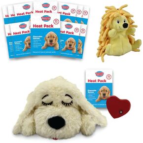 SmartpetPtlove Snuggle Puppy - حزمة حرارة إضافية وحزمة لعب - تأتي مع جرو تكبب ، وقنافس صفراء صغيرة مع صرير مقاوم للثقب و 12 عبوة من الحزم الحرارية للحيوانات الأليفة