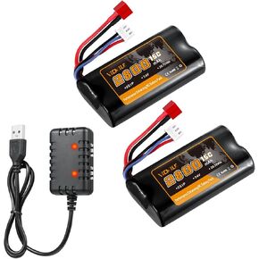 بطارية 7.4V LI-ion 2800mAh بطارية RC عالية السعة مع PLACK على غرار T-Style T Plug 2S قابلة لإعادة الشحن مع شاحن من 1 إلى 2 من شاحنات USB لسيارات WLTOYS 4WD عالية السرعة RC أكثر 1/10 ، 1/12 ، 1/16 شاحنات المقياس