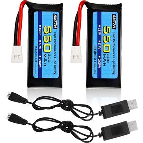 2PCS 3.7V 550mAh 30C Lipo Battery Molex-2P Plug with USB Charger for SYMA X5C X5SW Hubsan H107C H107D UDIRC U12S WLtoys XK A100 A120 RC Drone, Four Axis Aircraft Battery (2PCS Battery+2USB)