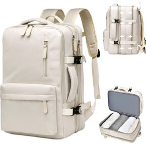 Expandable Travel Backpack for Men Women, Large Carry on Backpack Airplane Approved 15.6" Laptop Backpack with USB Charging Port,Water Resistant Lightweight Daypack for Flight 50L Beige