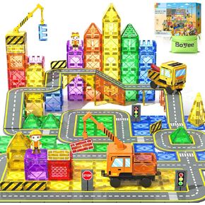 102 PCS Magnetic Tiles with 2 Cars & 2 Cranes Magnet Construction Building Kids Toys for Creative Play and STEM Learning Boys Toys & Gifts for 3-12