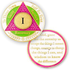 1 سنة AA Medallions Coin Coin - شرائح مجهولة المصدر للمدمنين على الكحول - عملات معدنية لمدة عام واحد - رمز أبيض أخضر وردي