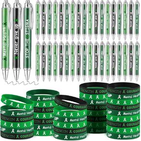 Qilery 72 PCS إكسسوارات التوعية بالصحة العقلية تشمل 36 أساور سيليكون خضراء 36 أسود قلم الحبر الأسود القابل للتراجع عن أقلام الحفلات العقلية الخضراء.