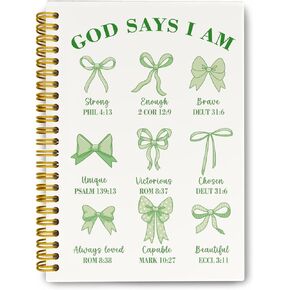 Coquette Pink Bows Spiral Bible Notebook, Christian Gifts for Women Girls, God Says I Am Christian Scripture Prayer Journal, Church Notes Notebook, Hardcover Lined Notebook 5.5 x 8.3