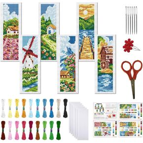 FREEBLOSS 6 Set Cross Stitch Bookmark Kit Stamped Cross Stitch Kit Rural Scene Stamped Embroidery Bookmark with Instruction Cross Stitch Kits for Adults DIY Bookmark Kit 8''x2.4''