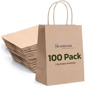 ekobags الأناقة حقيبة صغيرة | أكياس هدايا كرافت الورقية مع مقابض | أكياس الورق البني القوي بشكل كبير للتجزئة والتسوق وفضلات الحفلات والأعمال التجارية الصغيرة | قابلة لإعادة التدوير | 8.6x4x10 بوصة ، 100 حزمة