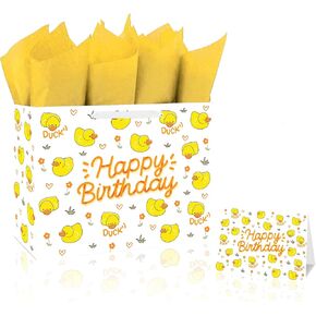 BATYONGOGA Large 13" Duck Birthday Gift Bag with Handles, Greeting Card, and Tissue Papers Goose Farm Animals themed for Kids Birthday Party, Boys, Girl, Baby boy, Baby Shower School Favors