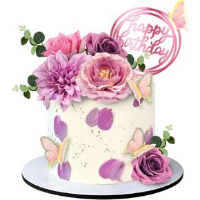 19 PCS Flower Cake Toppers Butterfly Happy Birthday Cake Decorations with Artificial Blue Rose Flowers Eucalyptus Butterflies for Party Wedding Baby Shower Supplies (Blue) in Saudi Arabia