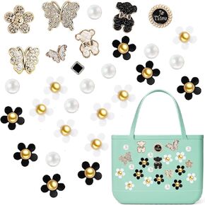 28pcs Bogg Bag Charms for Women，Butterflies, pearls and flowers Beach Bag Accessories Charms,ubber Beach Totes Accessories Inserts,Suitable for women borg bag, girls beach bag decoration,